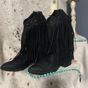 Old West Black Fringe Ankle Booties